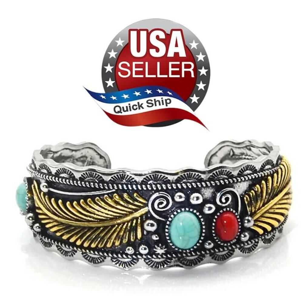 Retro Faux Turquoise Native American Style Silvertone Bracelet • Goldtone Leaves